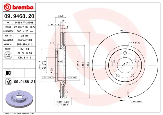 Disque de frein BREMBO 09.9468.21