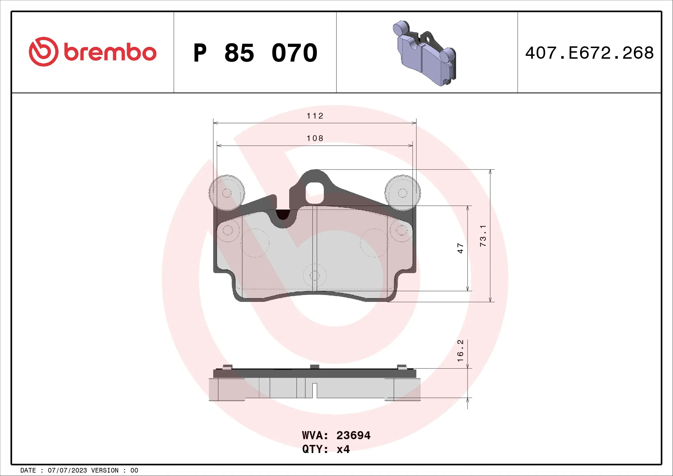 BREMBO P 85 070 — Колодка гальм. диск. AUDI Q7, PORSCHE CAYENNE, VW TOUAREG задн. (вир-во BREMBO)