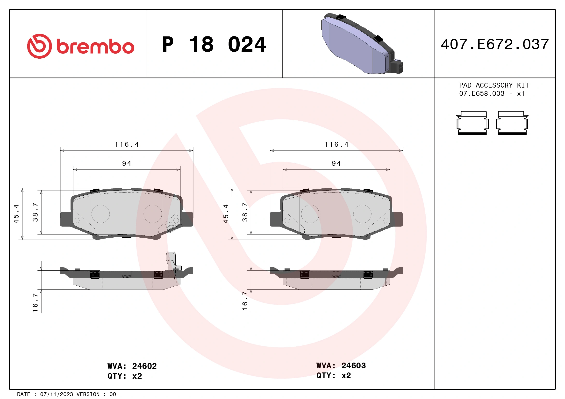 Kit de plaquettes de frein, frein à disque BREMBO P 18 024