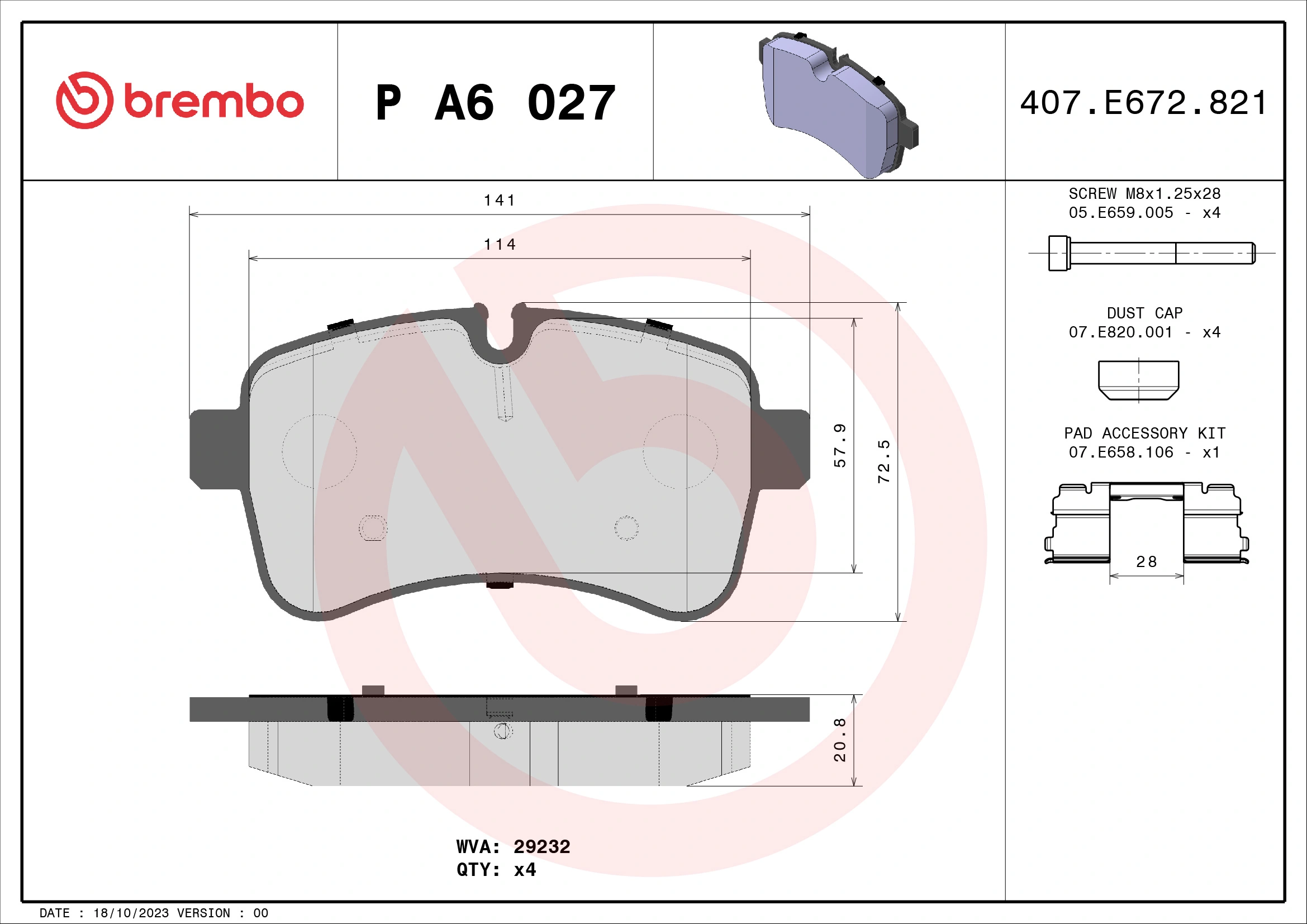 Kit de plaquettes de frein, frein à disque BREMBO P A6 027