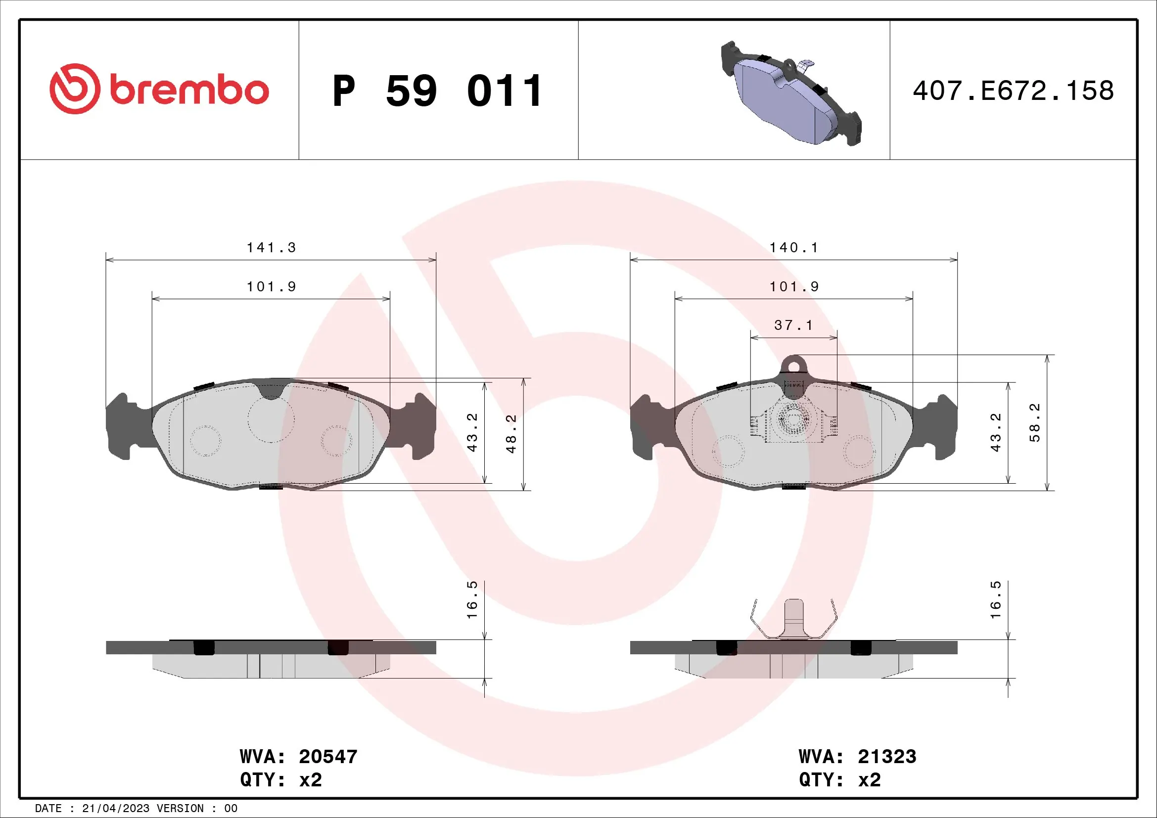 Kit de plaquettes de frein, frein à disque BREMBO P 59 011