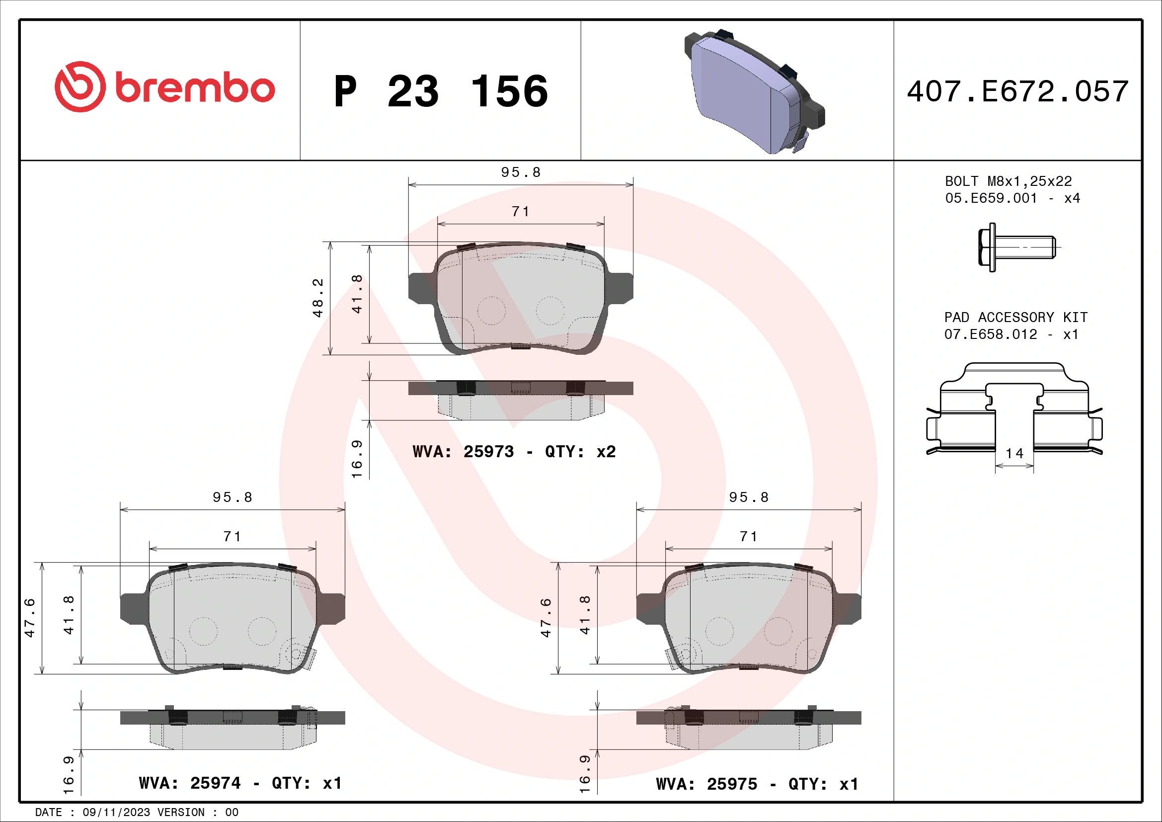 Kit de plaquettes de frein, frein à disque BREMBO P 23 156