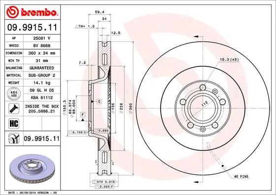 Disque de frein BREMBO 09.9915.11