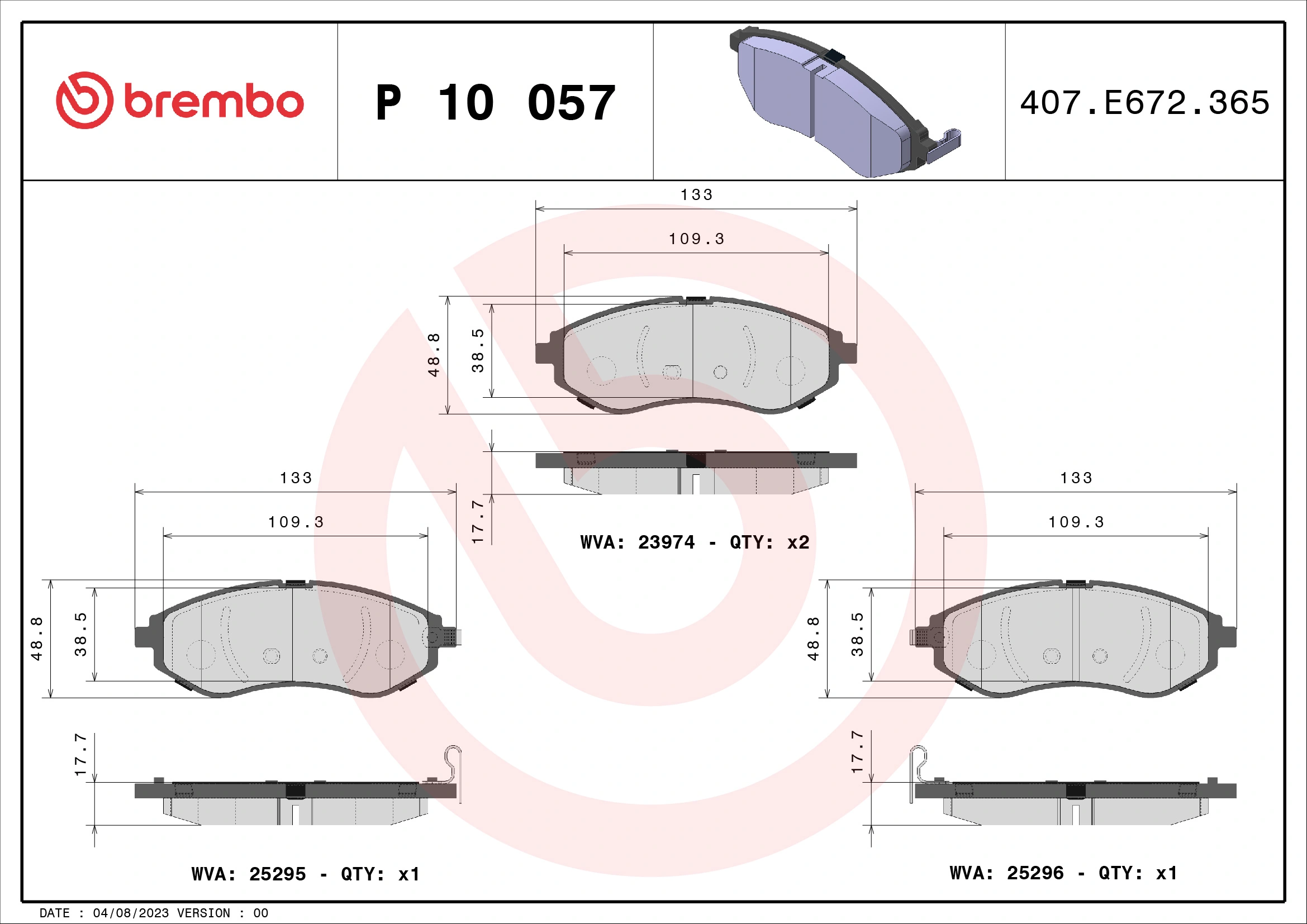 Kit de plaquettes de frein, frein à disque BREMBO P 10 057