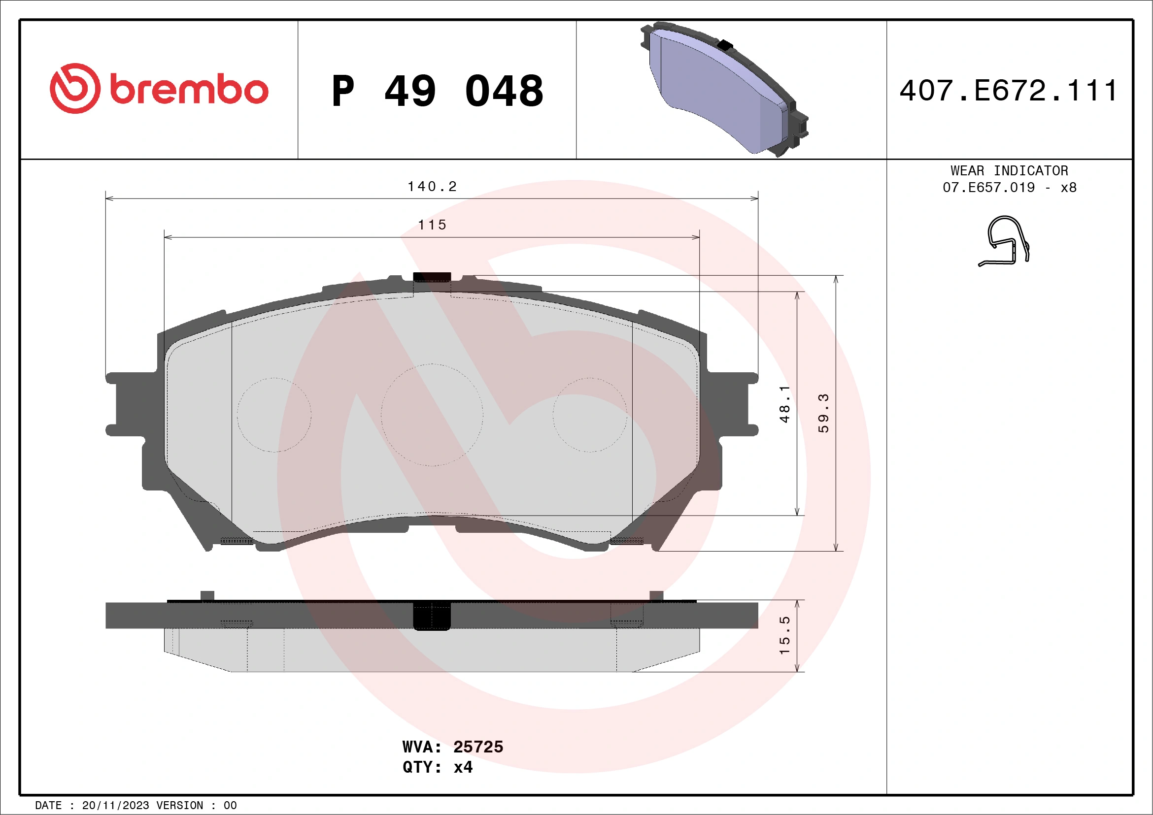 Kit de plaquettes de frein, frein à disque BREMBO P 49 048
