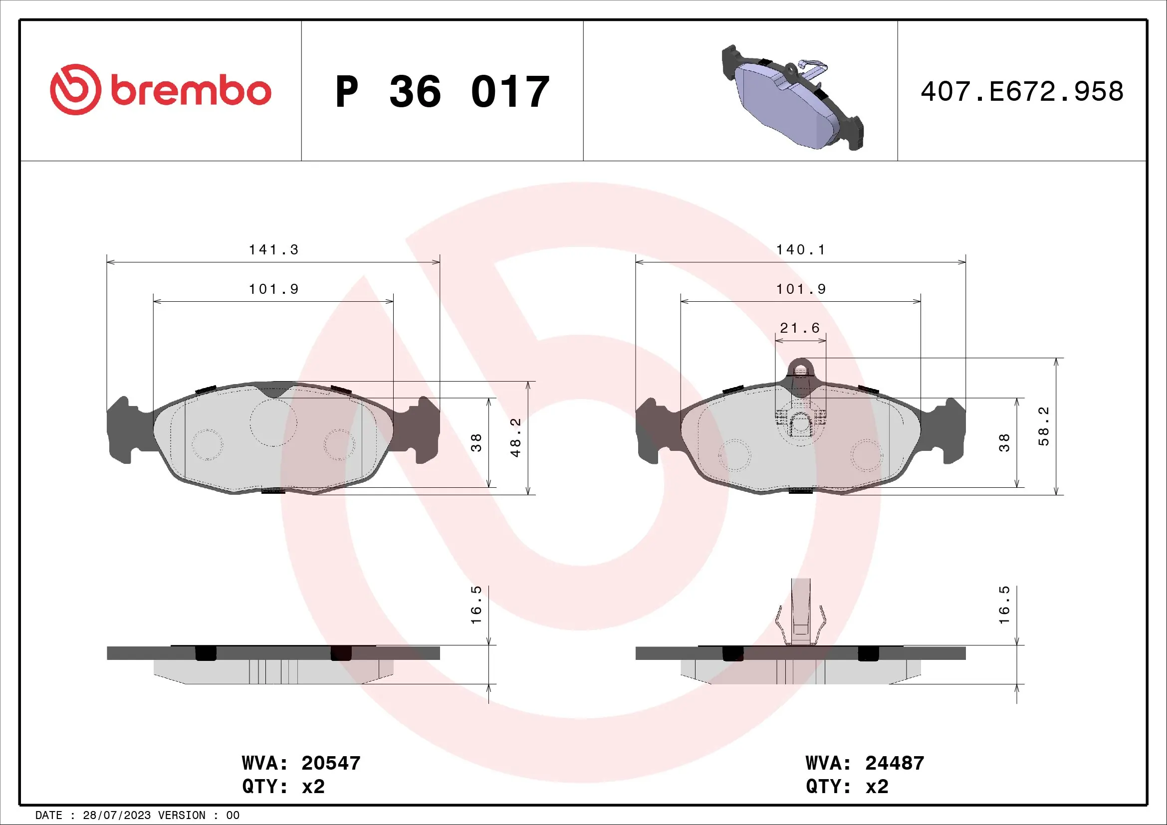 Kit de plaquettes de frein, frein à disque BREMBO P 36 017