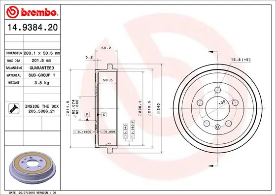 Tambour de frein BREMBO 14.9384.20