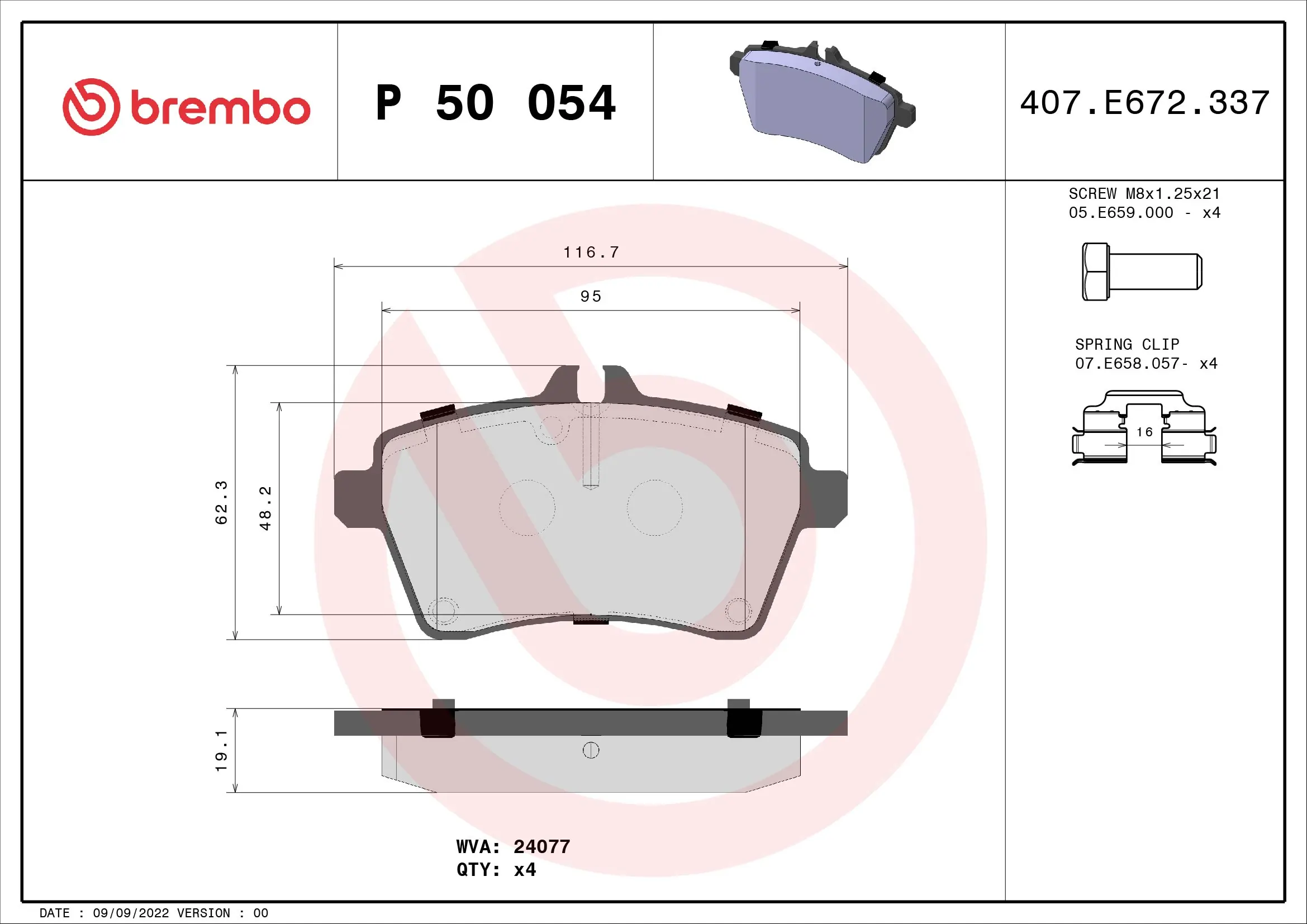 Kit de plaquettes de frein, frein à disque BREMBO P 50 054