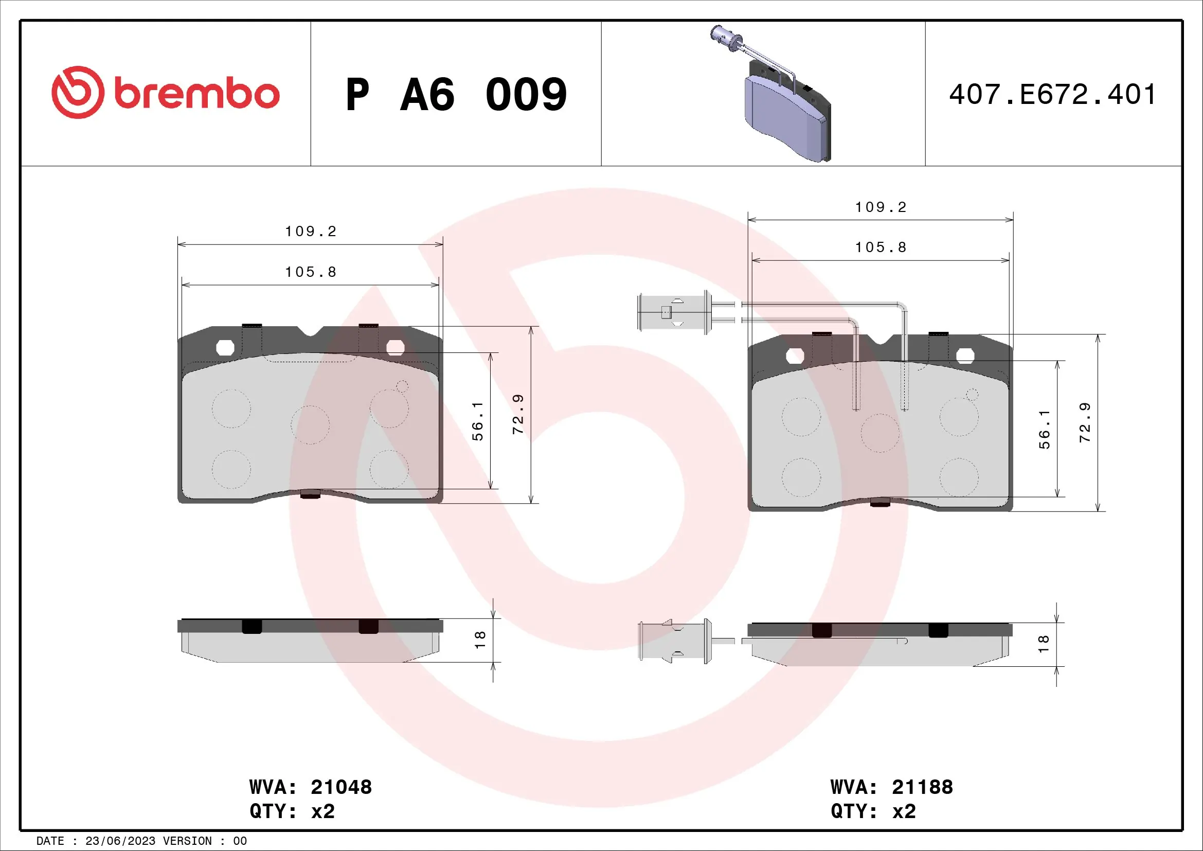 Kit de plaquettes de frein, frein à disque BREMBO P A6 009
