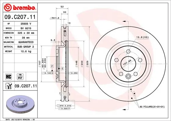 BREMBO 09.C207.11 — Диск гальм. LAND ROVER DISCOVERY SPORT (L550), RANGE ROVER EVOQUE (L538) передн. (вир-во BREMBO)