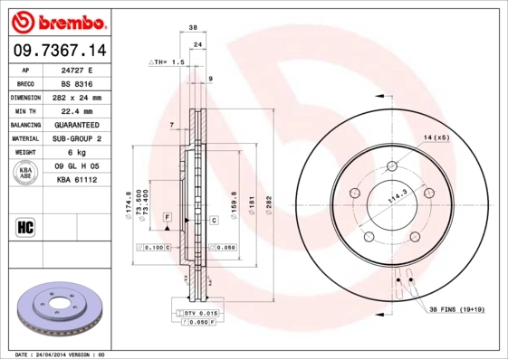 Disque de frein BREMBO 09.7367.14