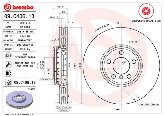 Disque de frein BREMBO 09.C406.13