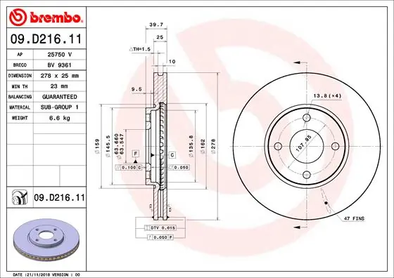 Disque de frein BREMBO 09.D216.11