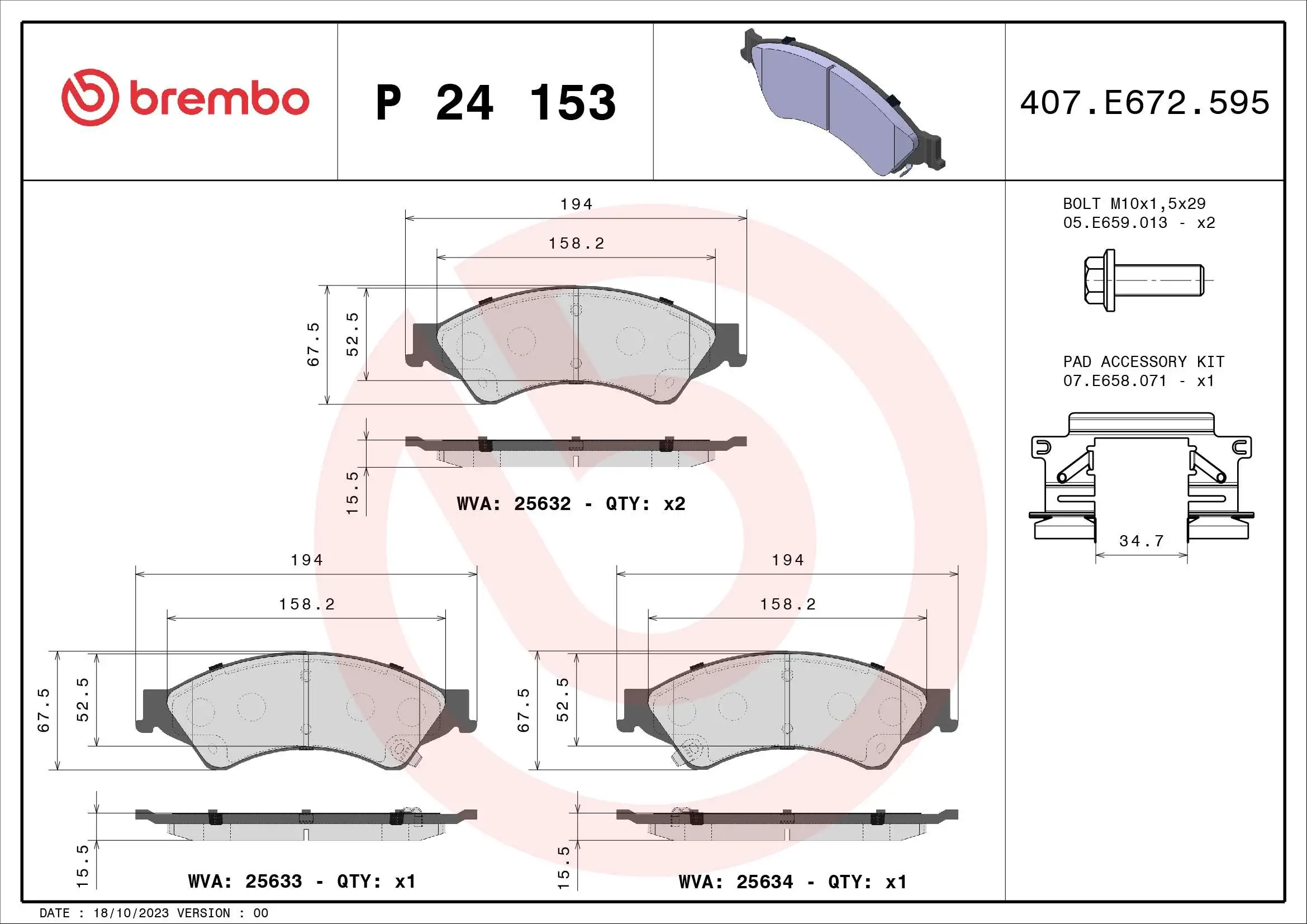 Kit de plaquettes de frein, frein à disque BREMBO P 24 153X