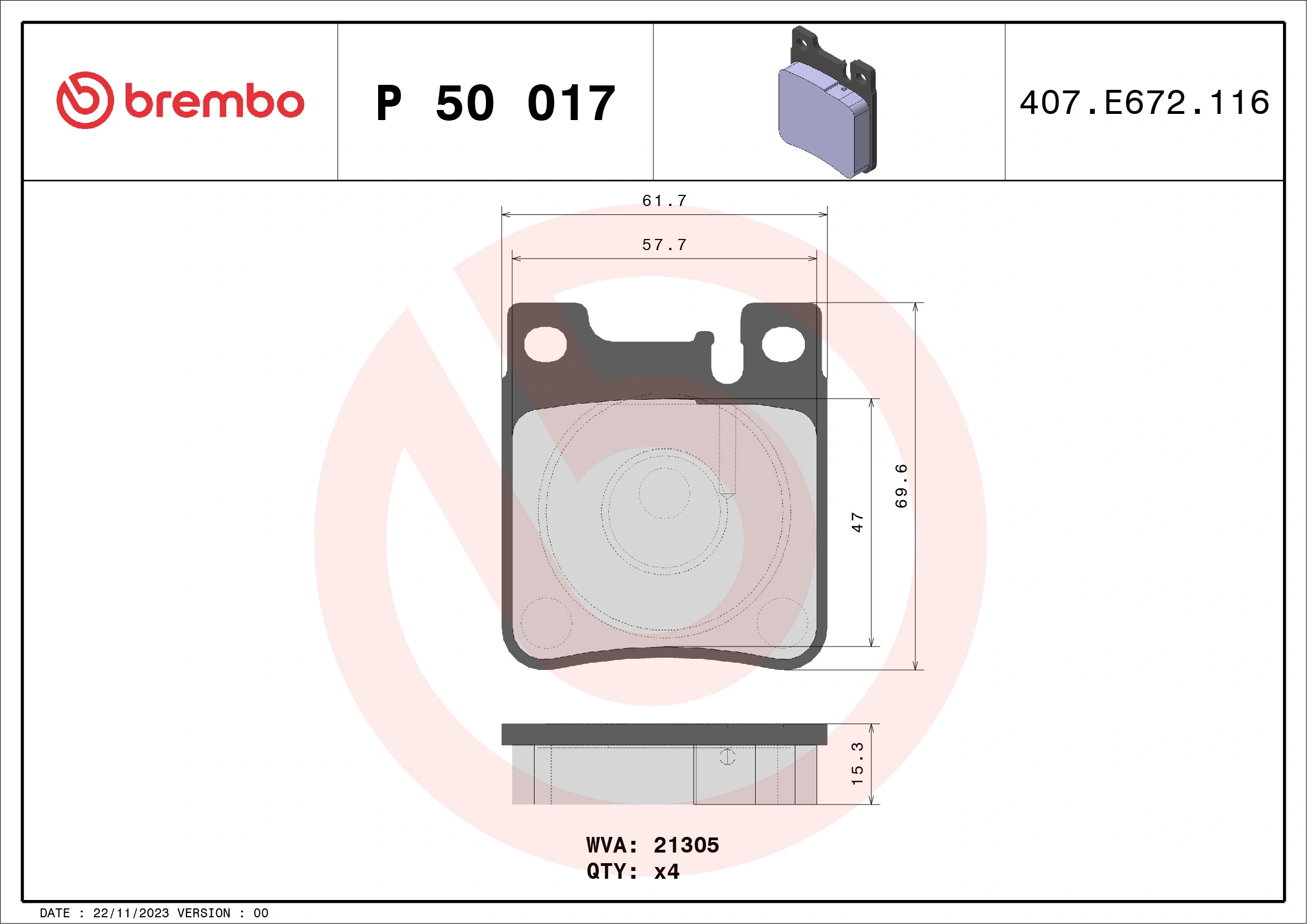 Kit de plaquettes de frein, frein à disque BREMBO P 50 017