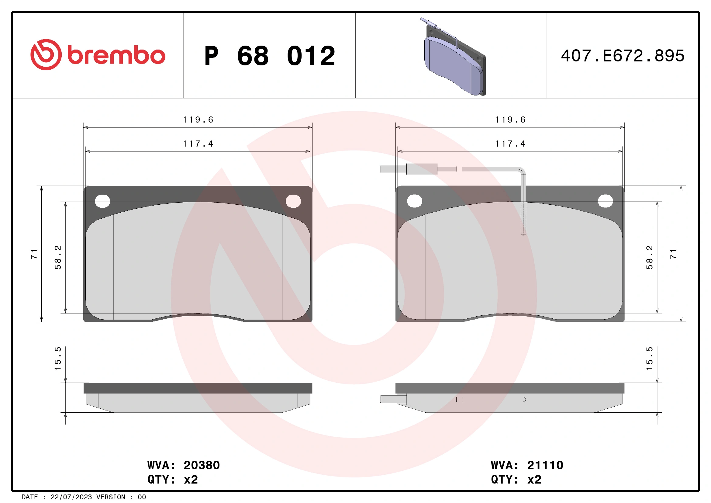 Kit de plaquettes de frein, frein à disque BREMBO P 68 012