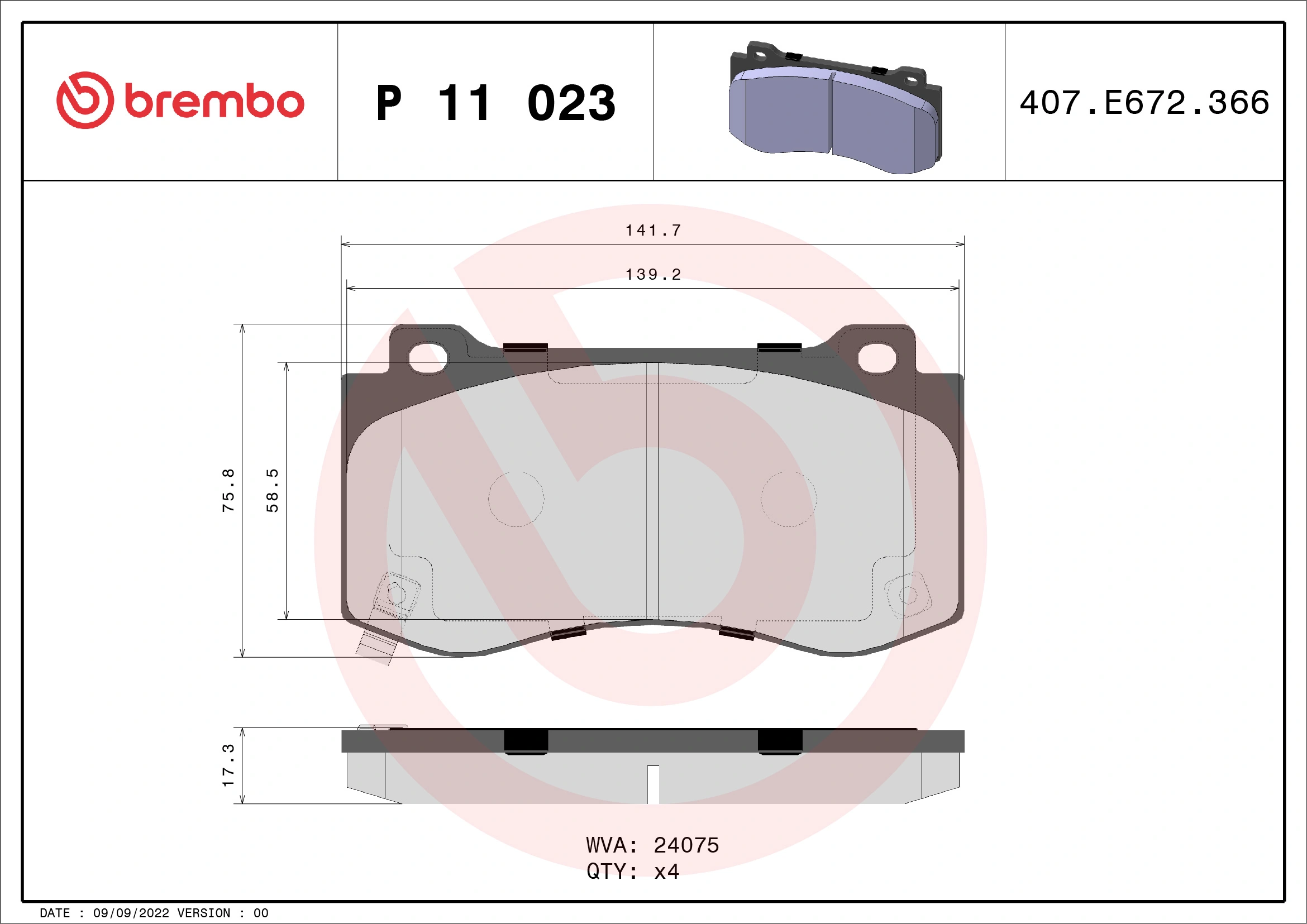 Kit de plaquettes de frein, frein à disque BREMBO P 11 023