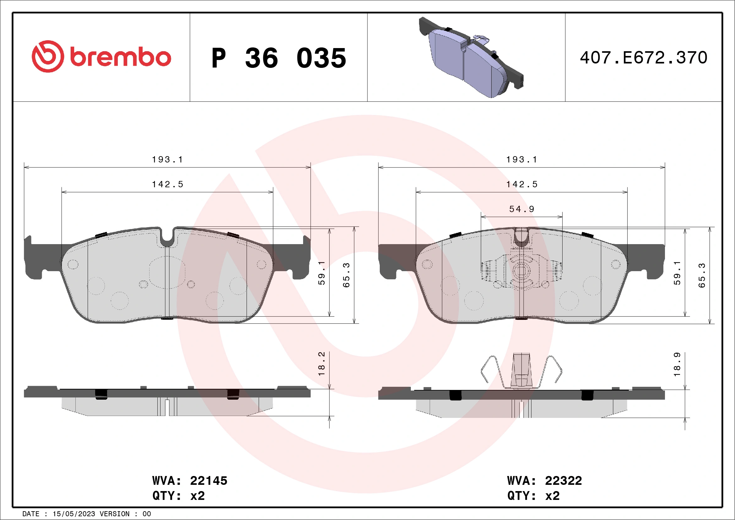 Kit de plaquettes de frein, frein à disque BREMBO P 36 035