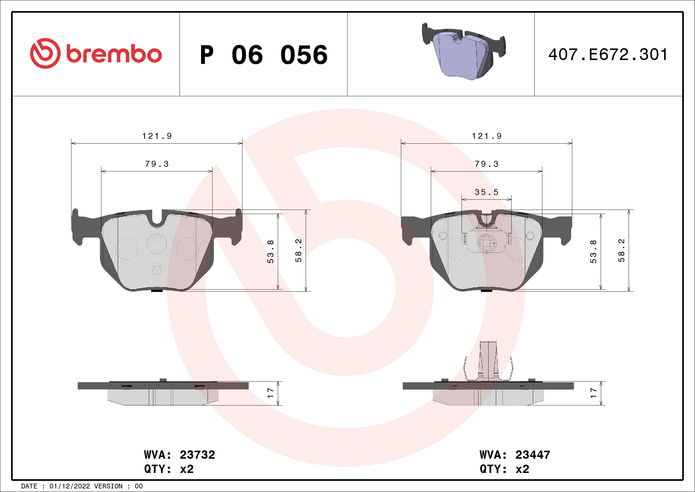 Kit de plaquettes de frein, frein à disque BREMBO P 06 056