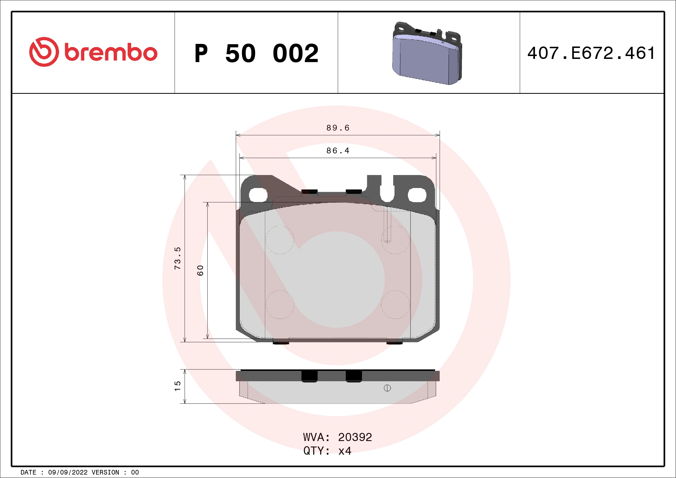 Kit de plaquettes de frein, frein à disque BREMBO P 50 002