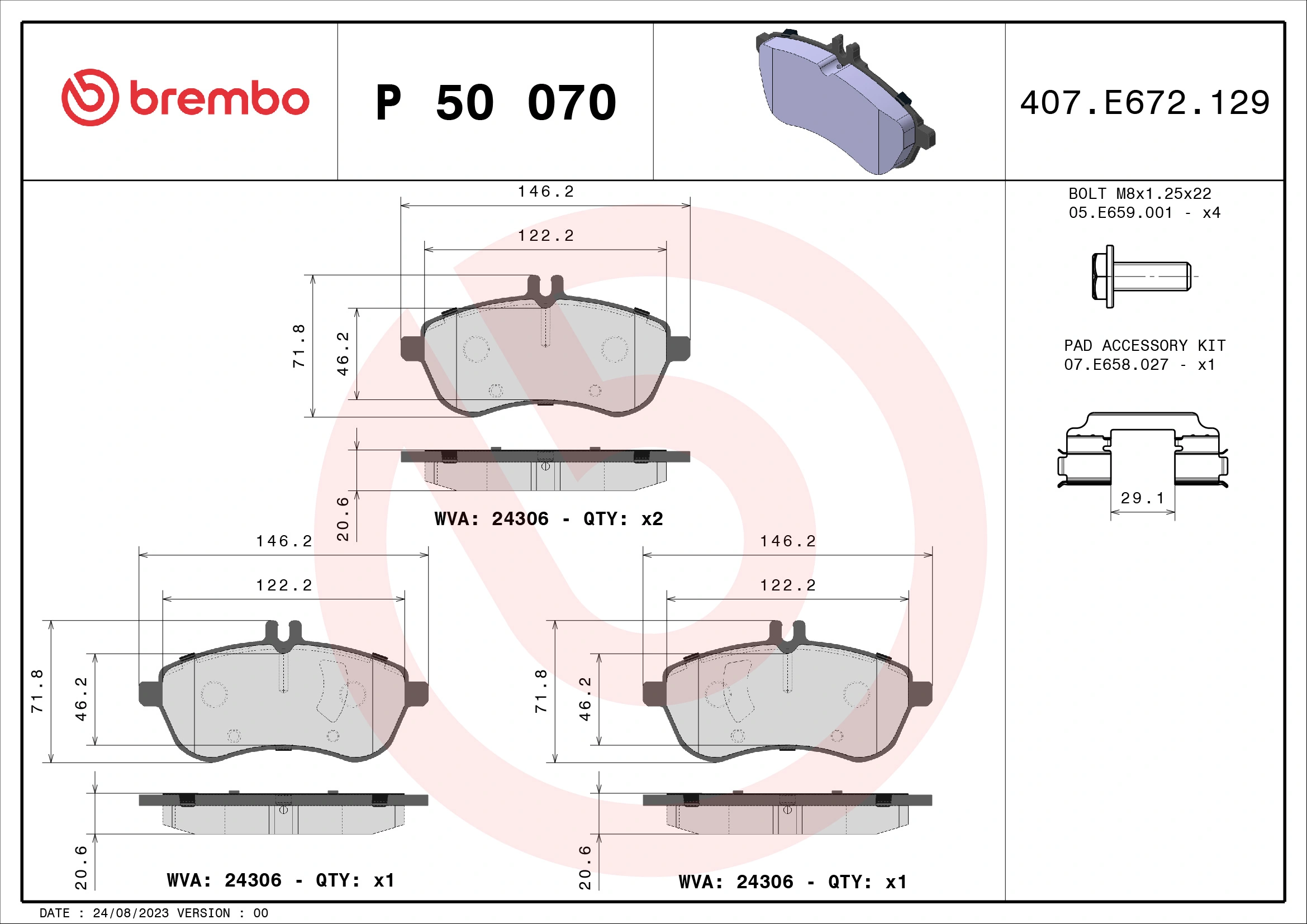 Kit de plaquettes de frein, frein à disque BREMBO P 50 070