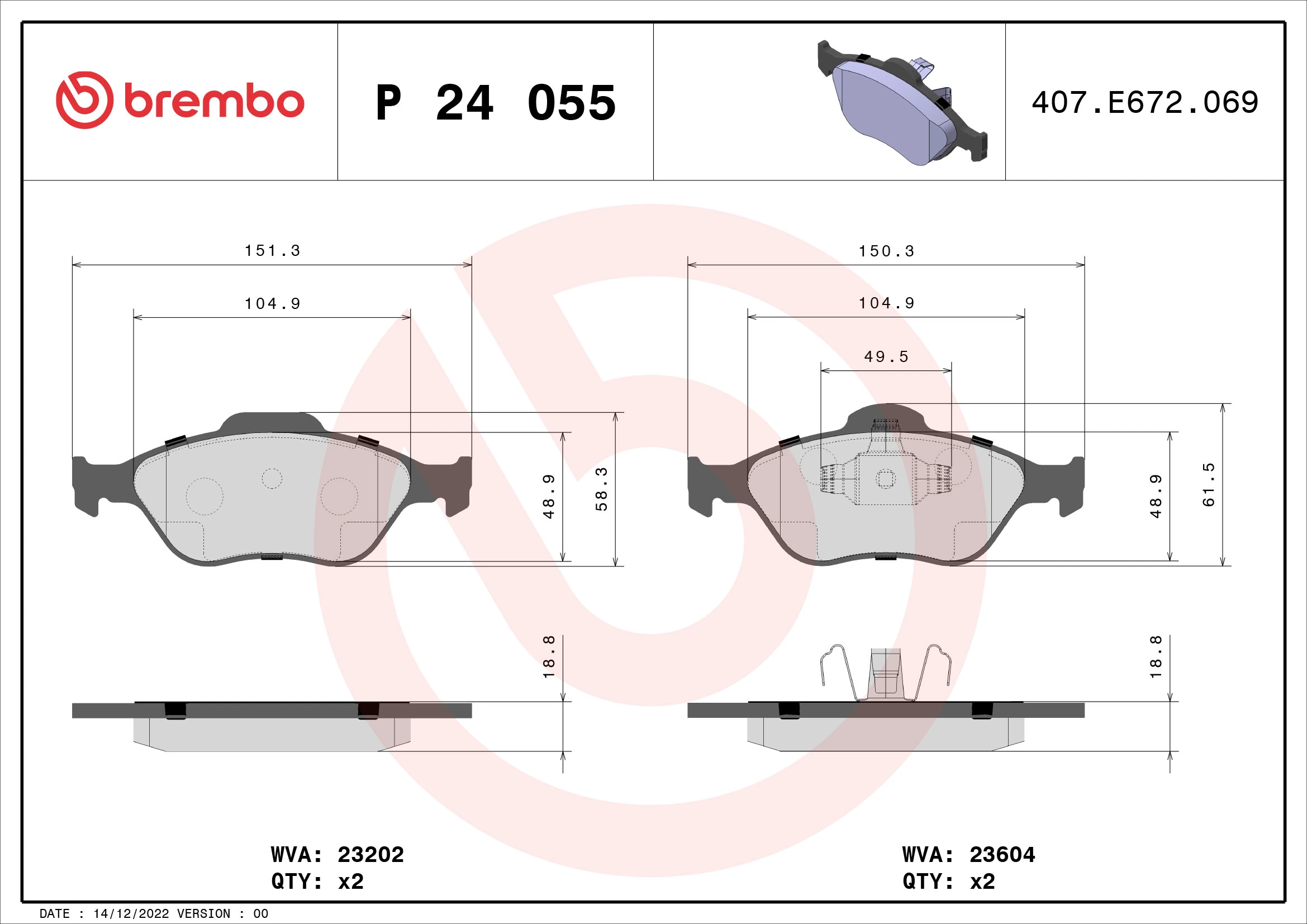 Kit de plaquettes de frein, frein à disque BREMBO P 24 055