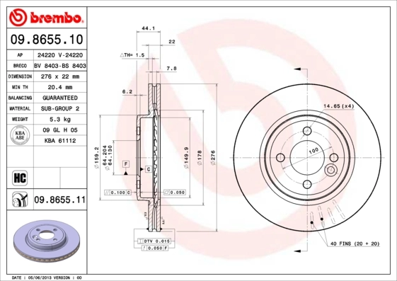 Disque de frein BREMBO 09.8655.11