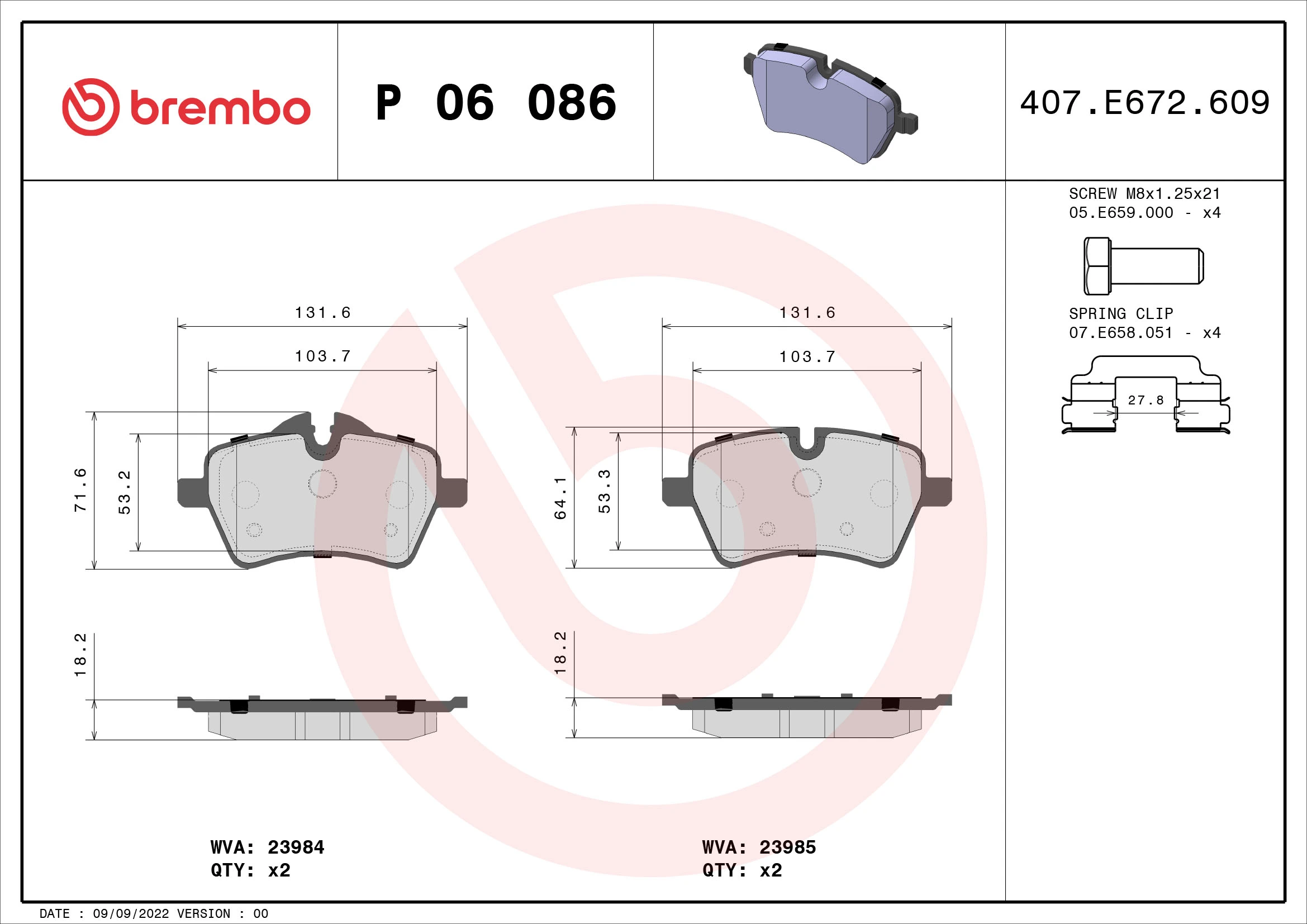 Kit de plaquettes de frein, frein à disque BREMBO P 06 086