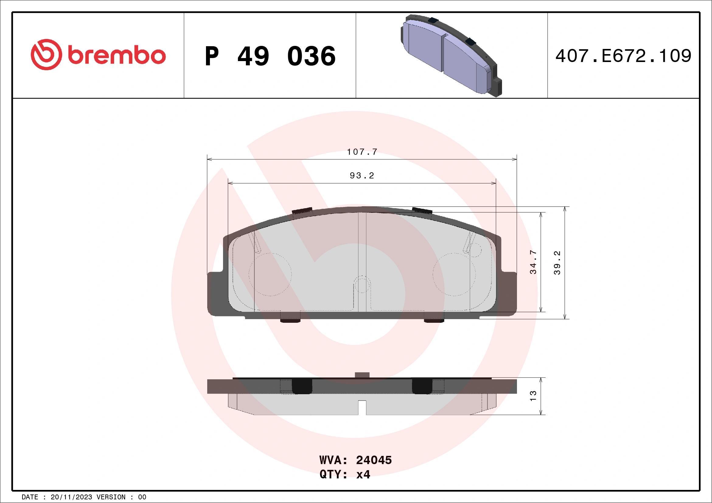 BREMBO P 49 036 — Колодка гальм. диск. MAZDA 6 (GG, GY, GF) задн. (вир-во BREMBO)