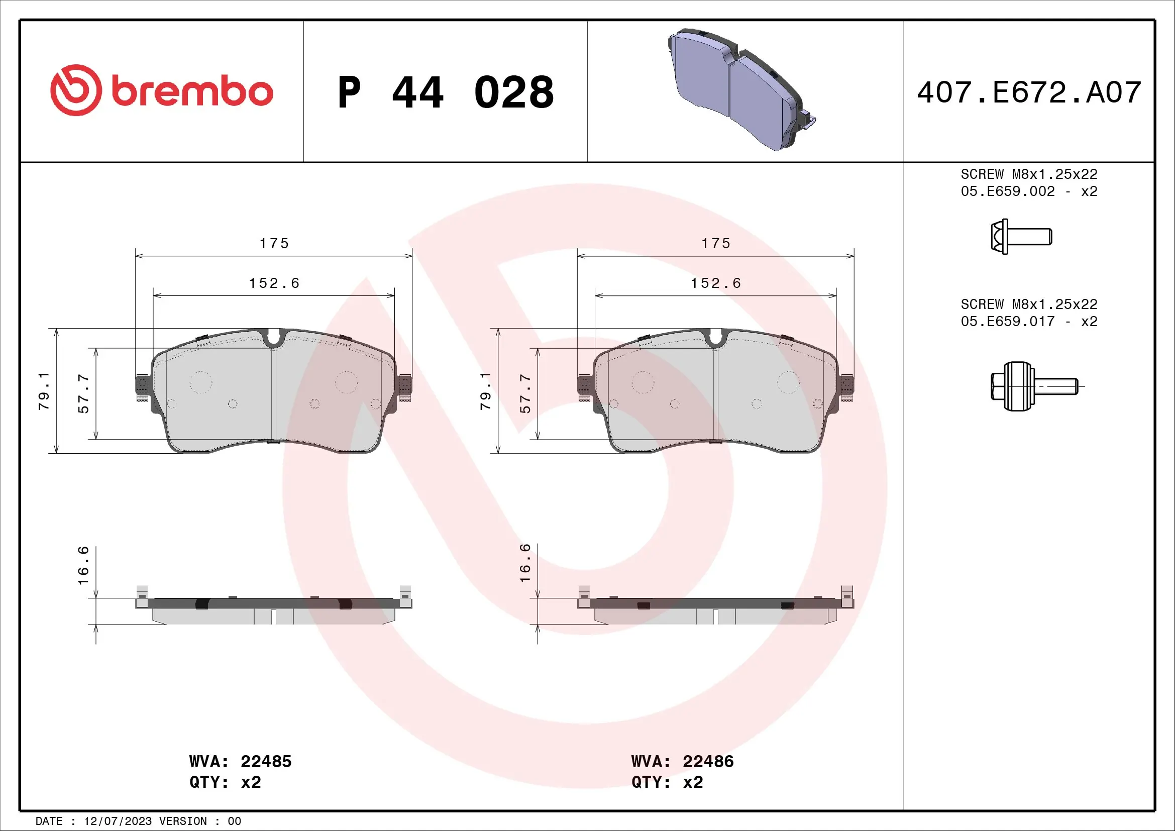 Kit de plaquettes de frein, frein à disque BREMBO P 44 028