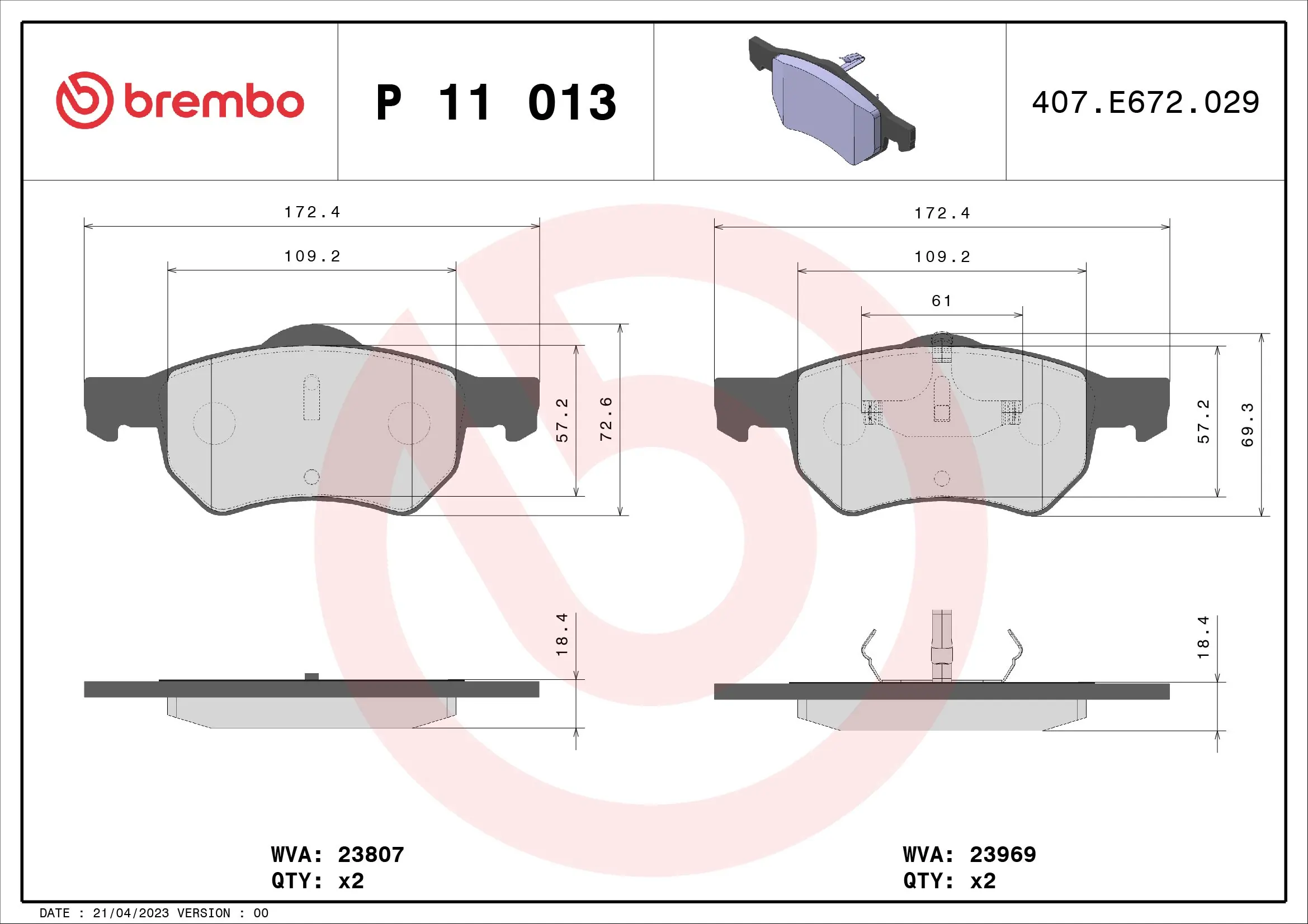 Kit de plaquettes de frein, frein à disque BREMBO P 11 013