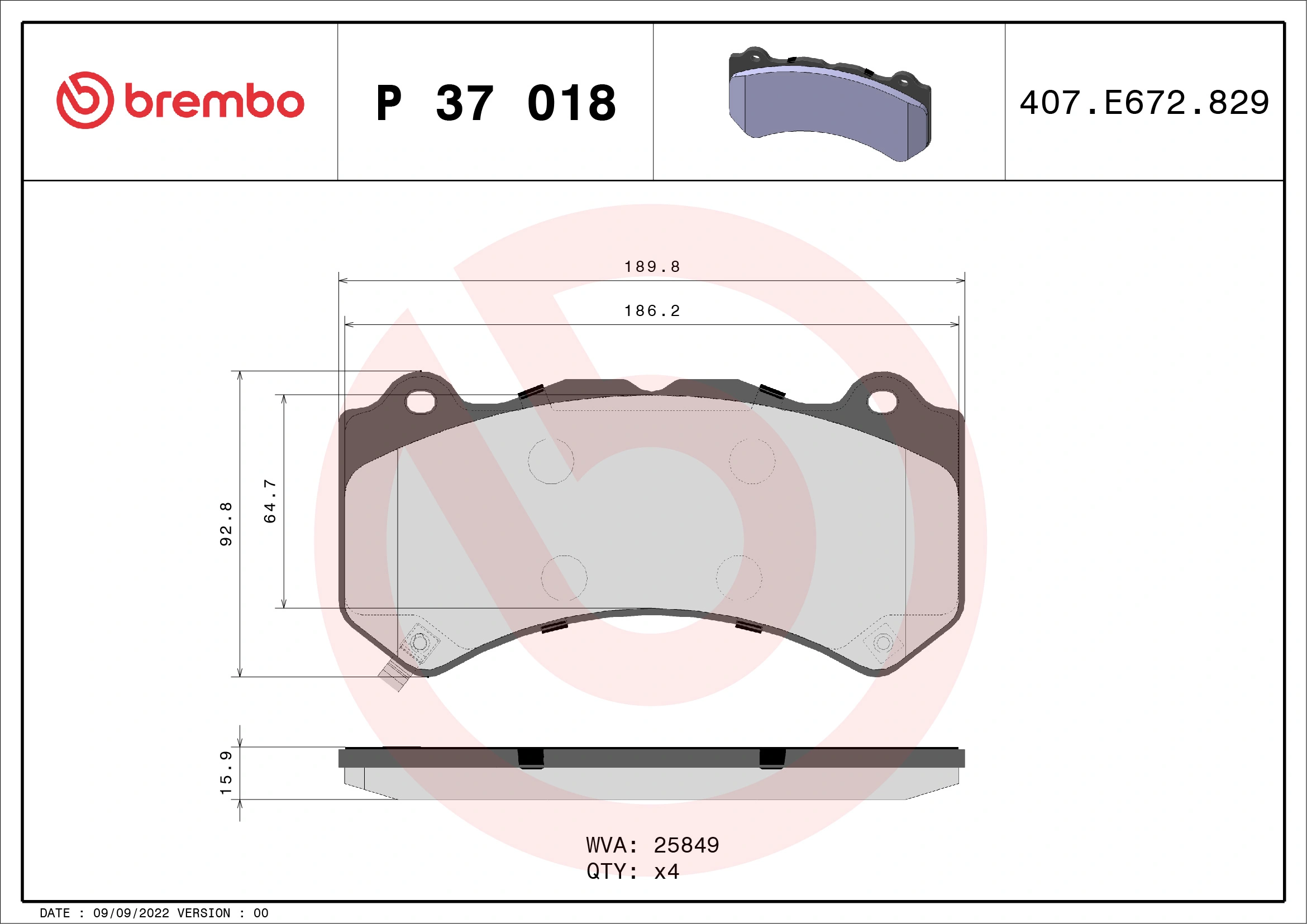 Kit de plaquettes de frein, frein à disque BREMBO P 37 018