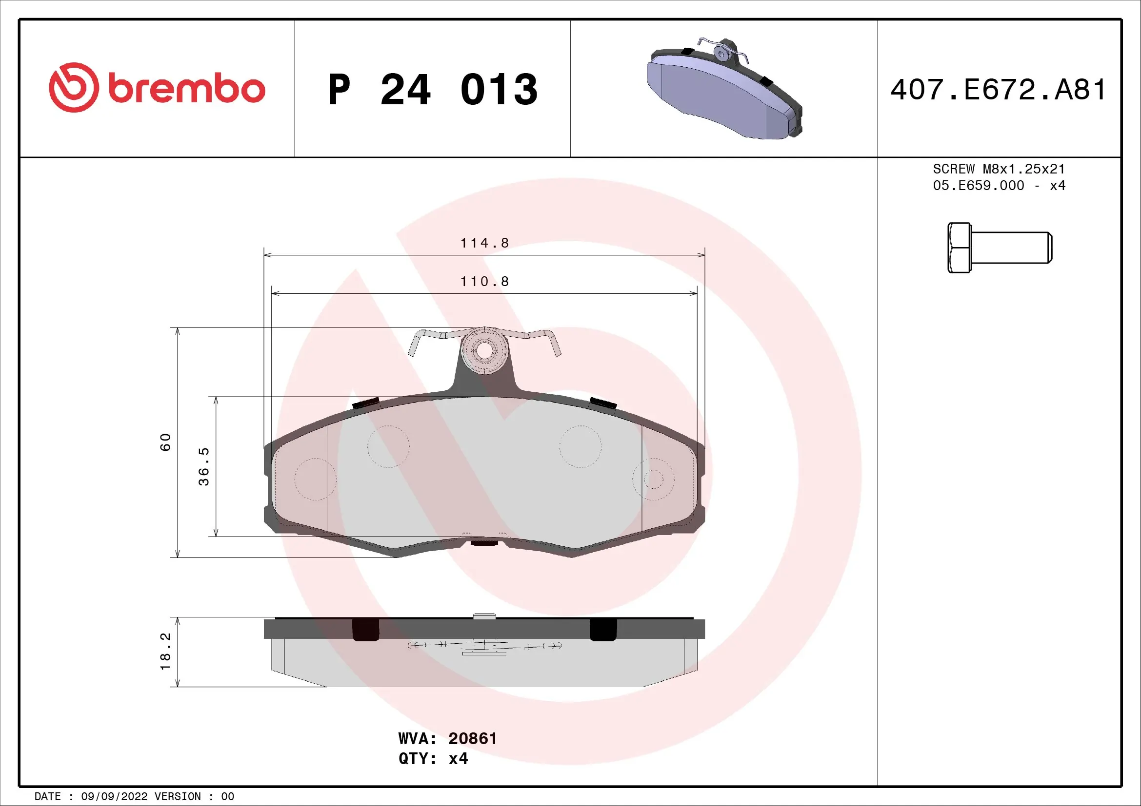 Kit de plaquettes de frein, frein à disque BREMBO P 24 013