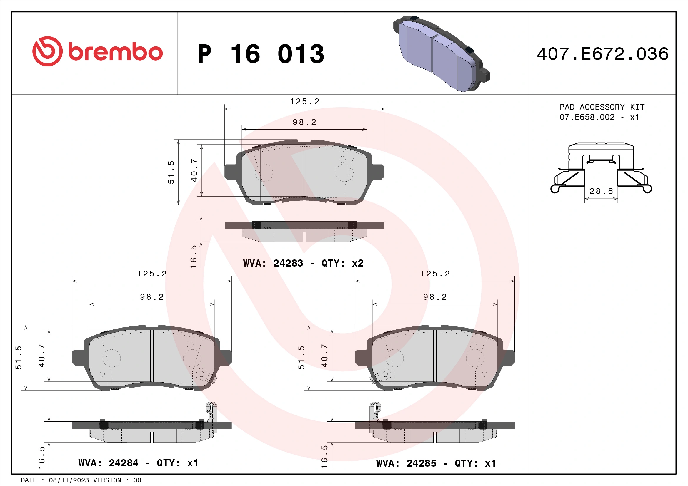 Kit de plaquettes de frein, frein à disque BREMBO P 16 013X