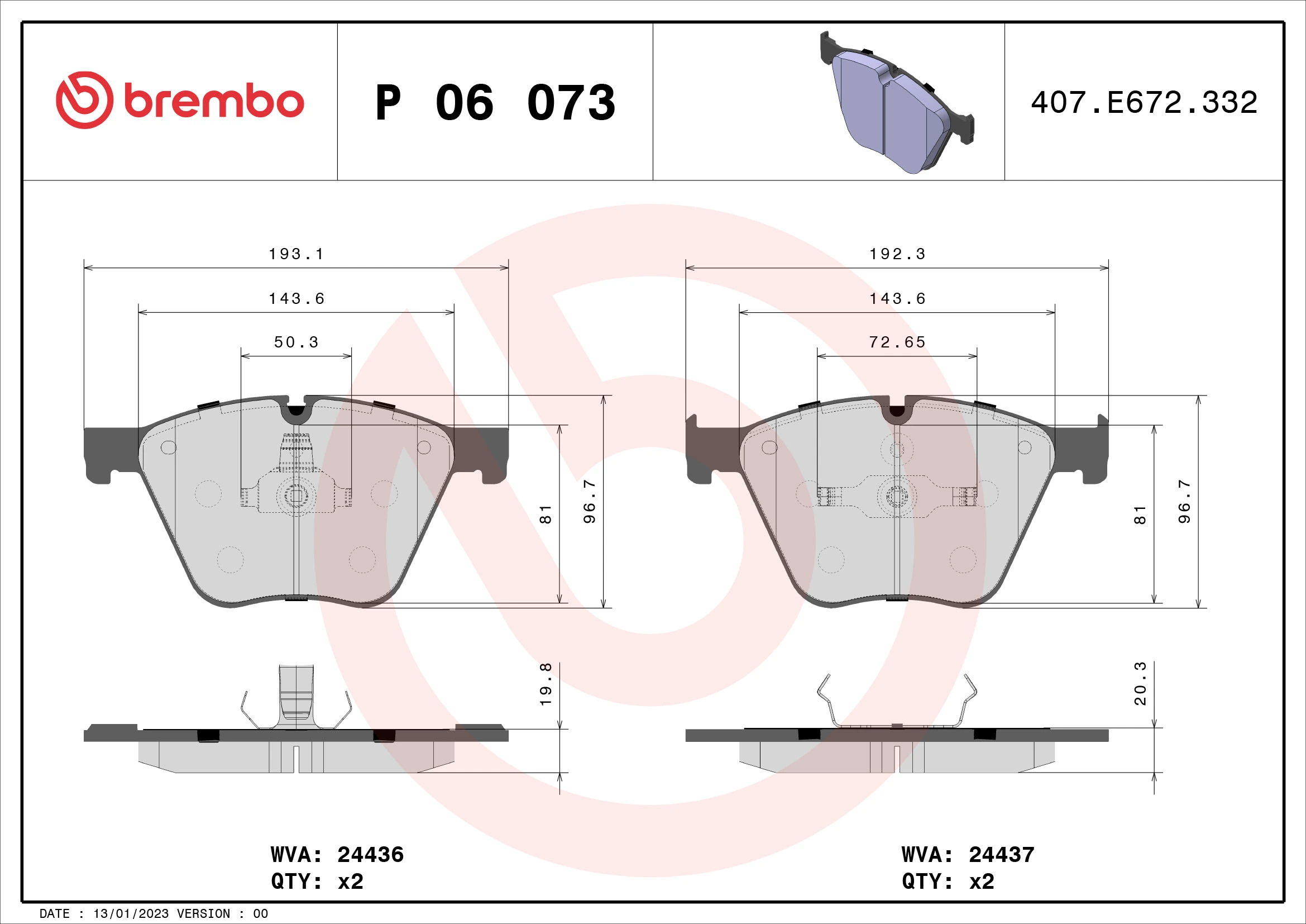Kit de plaquettes de frein, frein à disque BREMBO P 06 073