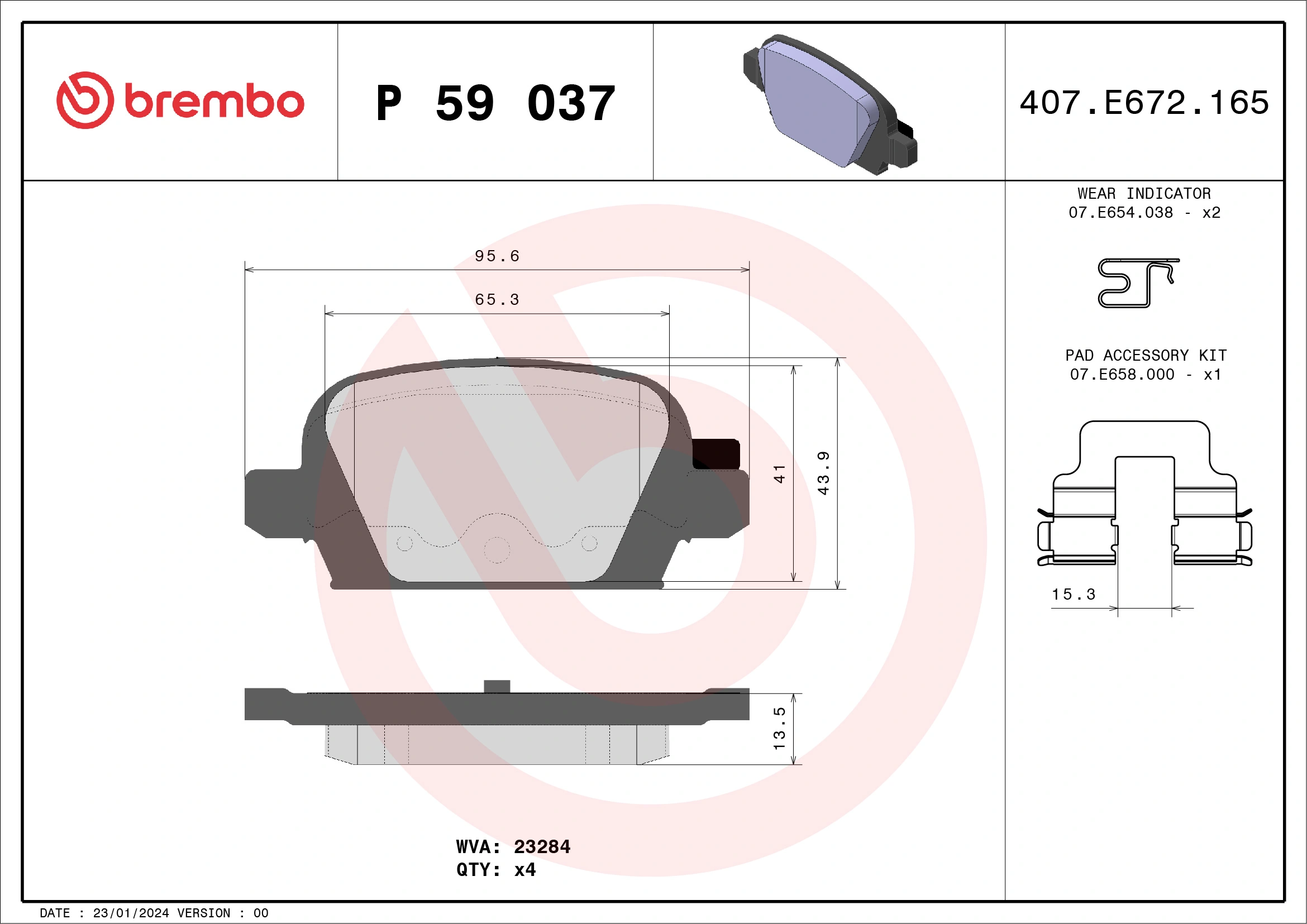 Kit de plaquettes de frein, frein à disque BREMBO P 59 037