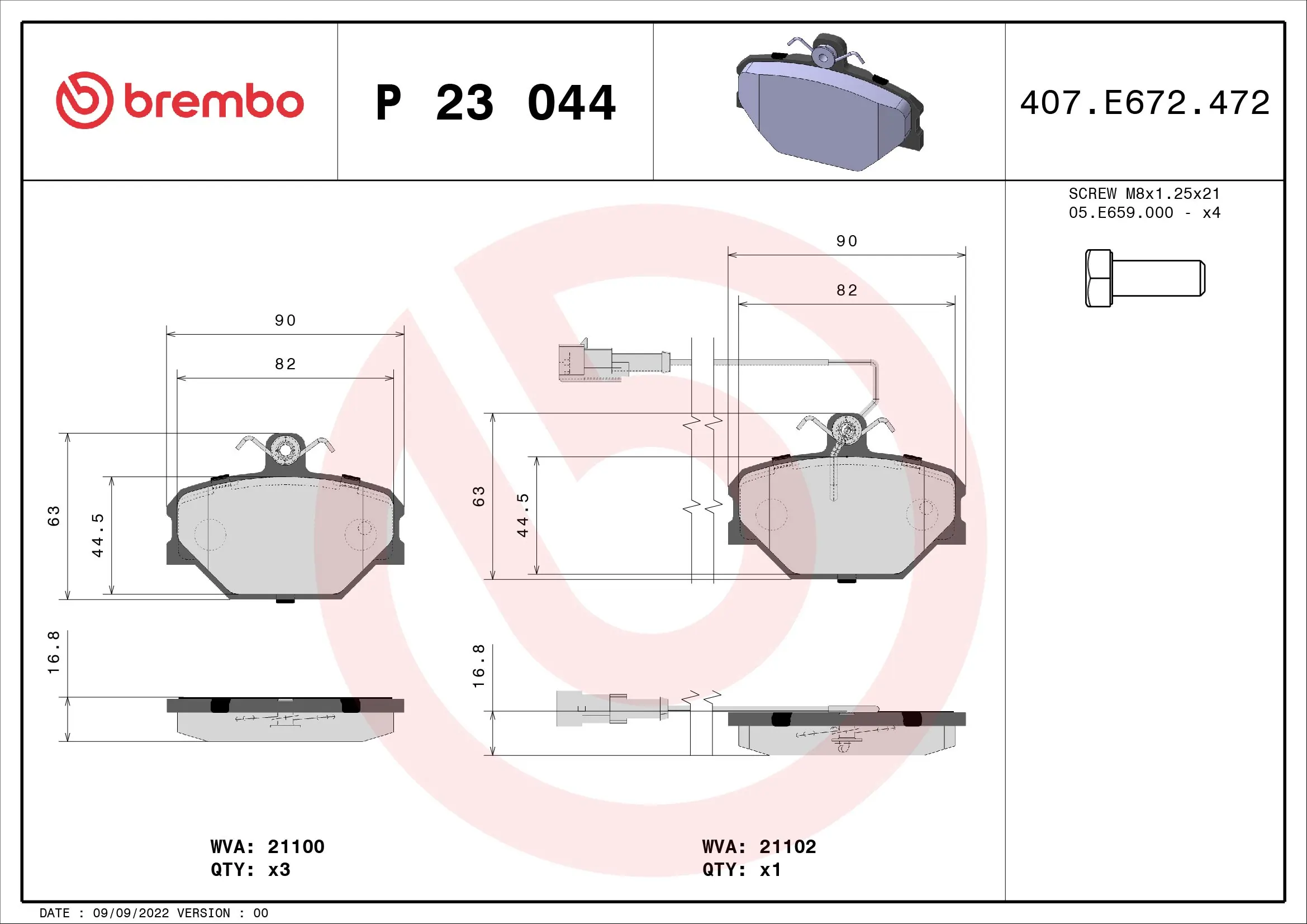 Kit de plaquettes de frein, frein à disque BREMBO P 23 044