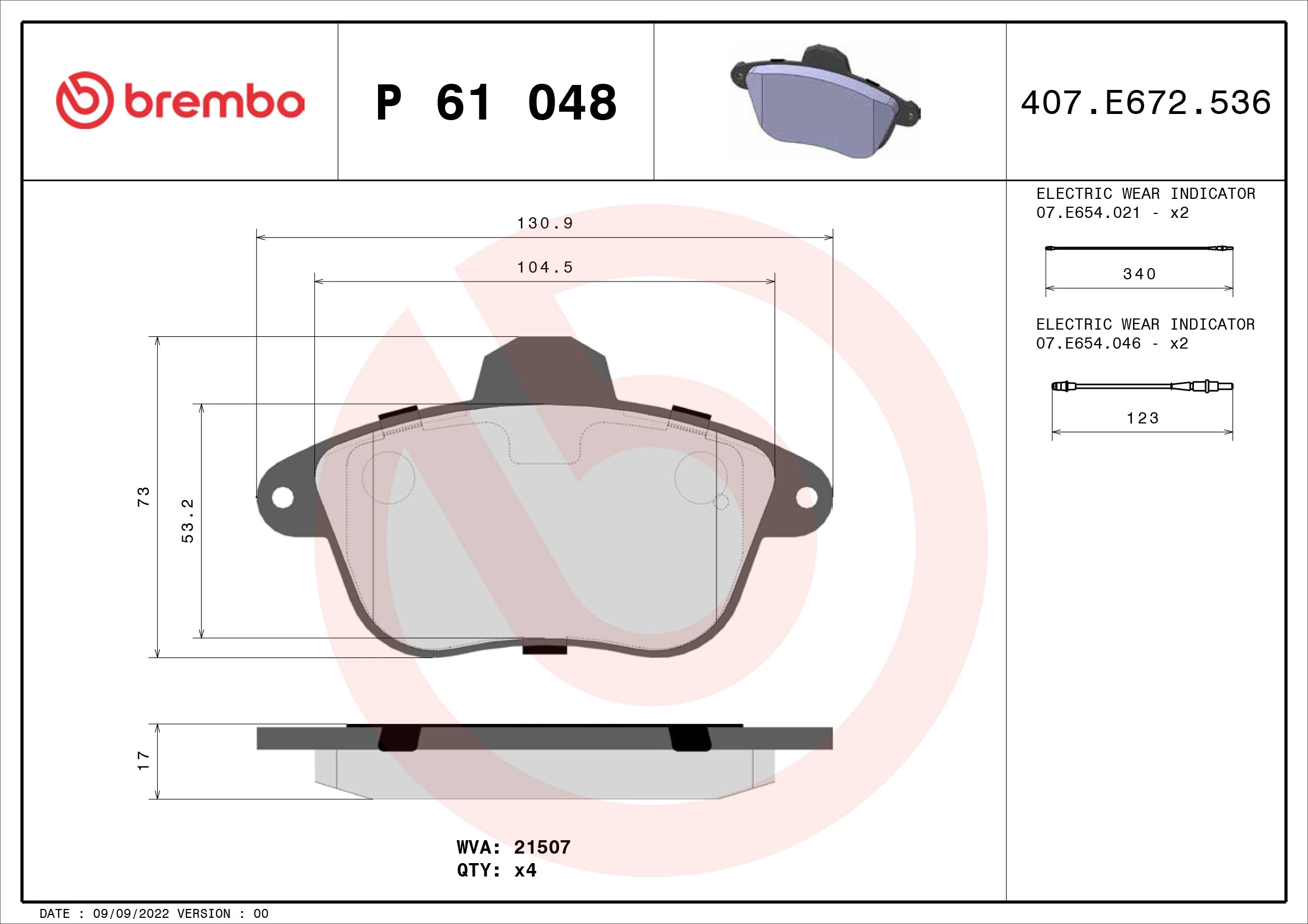 Kit de plaquettes de frein, frein à disque BREMBO P 61 048