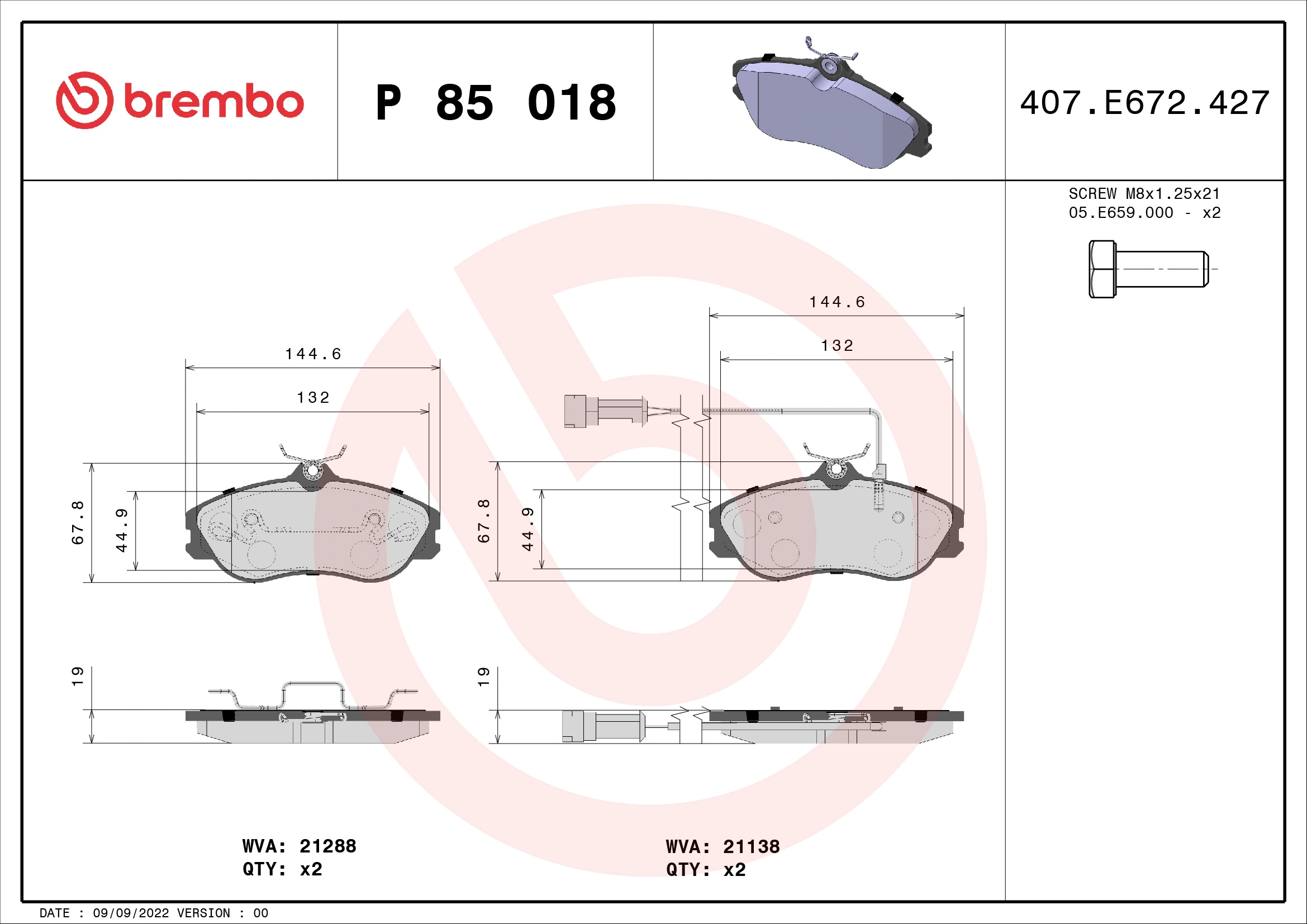 Kit de plaquettes de frein, frein à disque BREMBO P 85 018