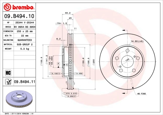 Disque de frein BREMBO 09.B494.11