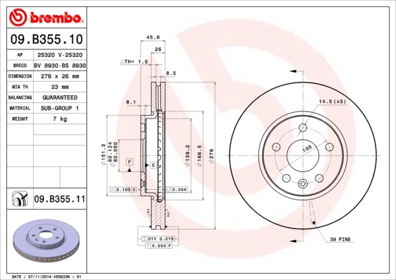 Disque de frein BREMBO 09.B355.10