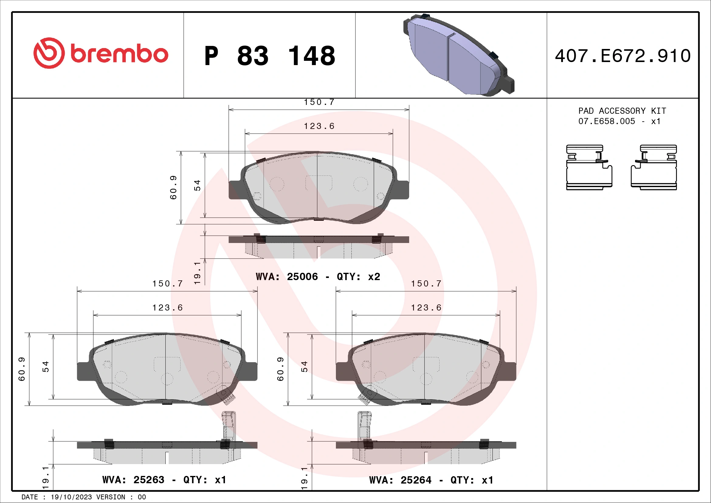 Kit de plaquettes de frein, frein à disque BREMBO P 83 148