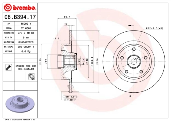 Disque de frein BREMBO 08.B394.17