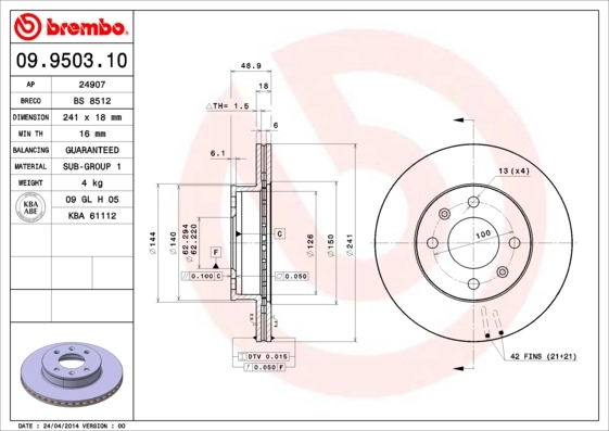 Disque de frein BREMBO 09.9503.10