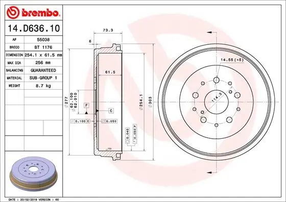 Tambour de frein BREMBO 14.D636.10