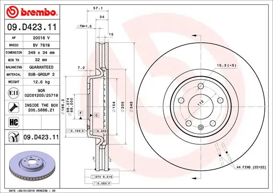 BREMBO 09.D423.11 — Диск гальмівний VW TOUAREG передн., вент. (вир-во BREMBO)