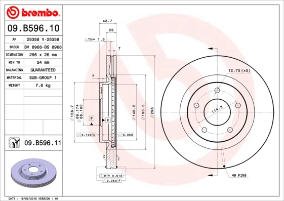Disque de frein BREMBO 09.B596.11