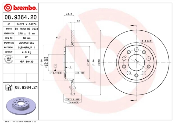 Disque de frein BREMBO 08.9364.21
