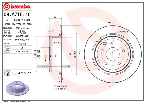 BREMBO 08.A715.10 — Диск гальмівний