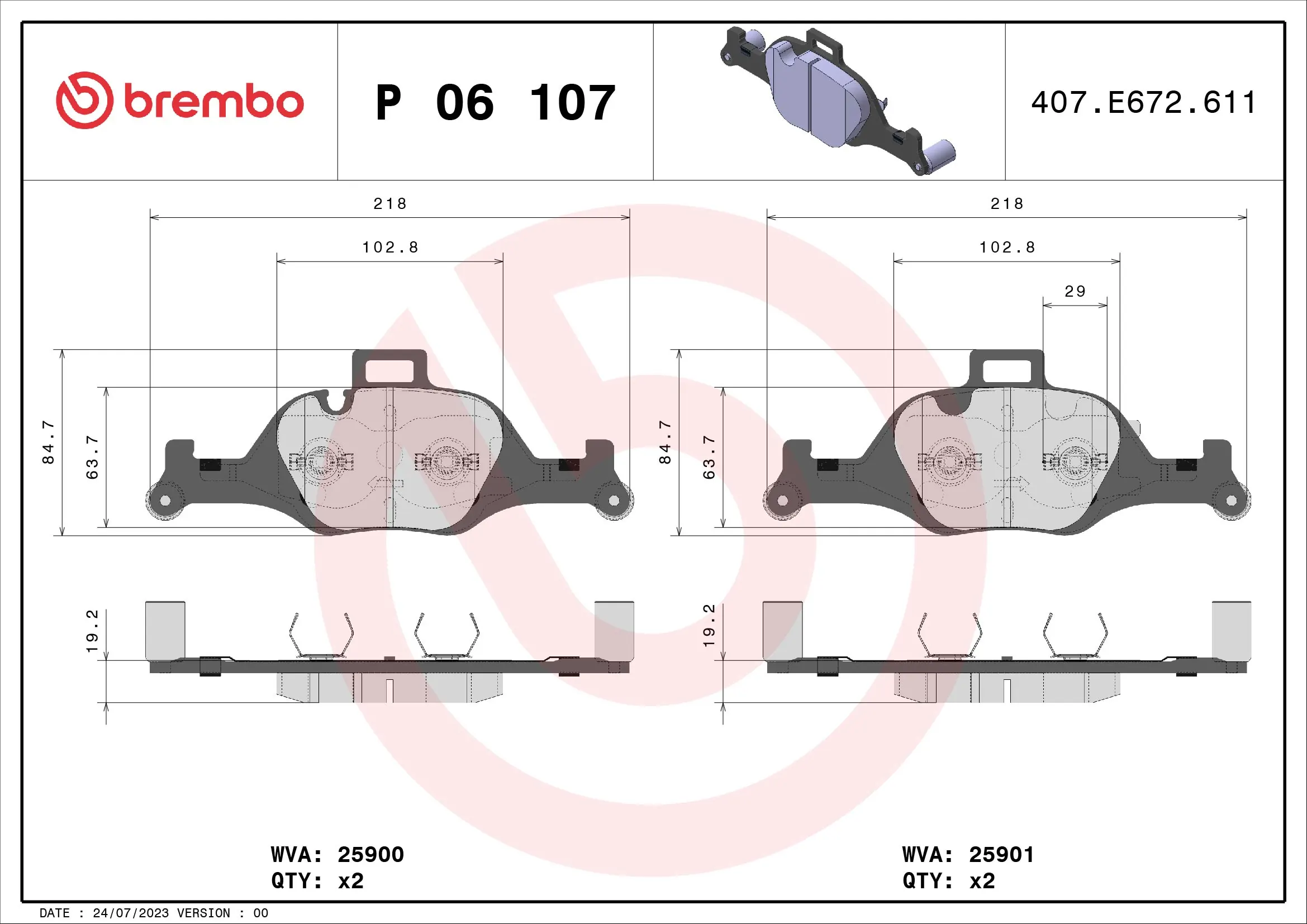 BREMBO P 06 107 — Колодка гальм. диск. BMW 5 17- передн. (вир-во BREMBO)